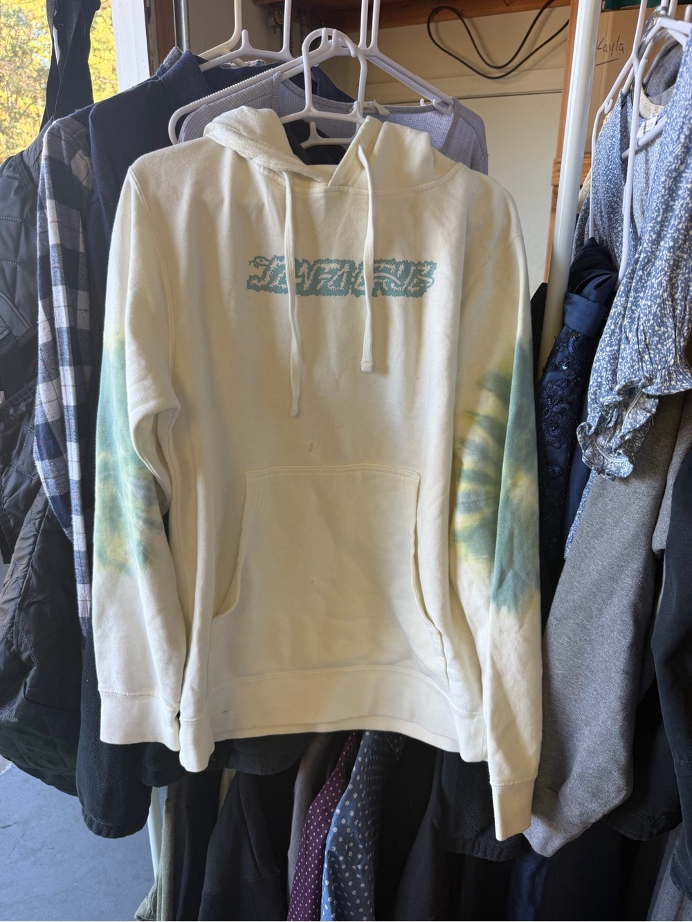 Santa Cruz Skateboards Cream Hoodie with Teal Tie-Dye Sleeves